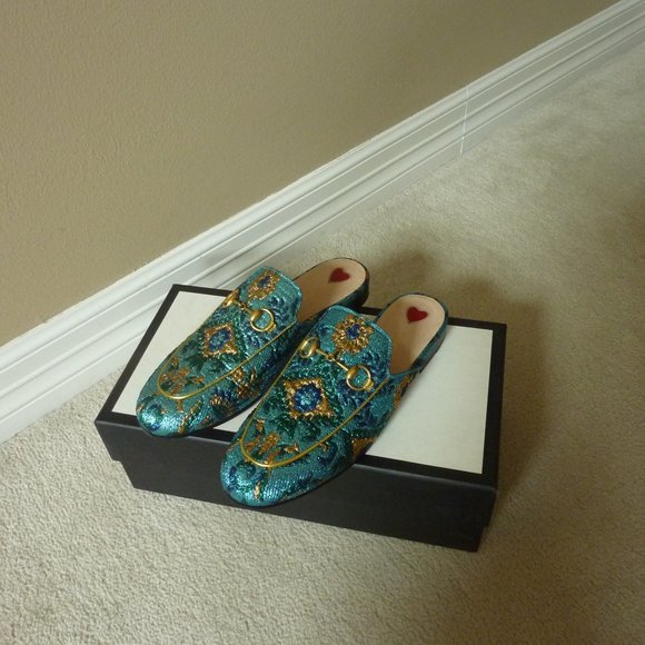 Gucci 'Princetown' Brocade Slip-On Horsebit Loafers (Blue) 6.5/36.5 - NEW - Picture 1 of 12